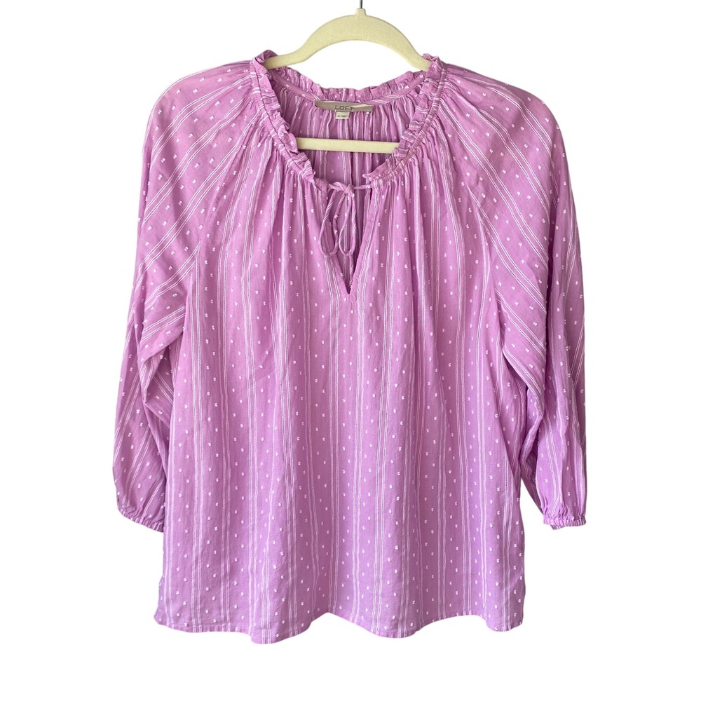 LOFT Purple Striped Clip Dot Ruffle Tie Neck Blouse Womens Medium 3/4 Sleeve Top